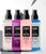 Four bottles of Trio body perfume with different colored labels on a light gray background.